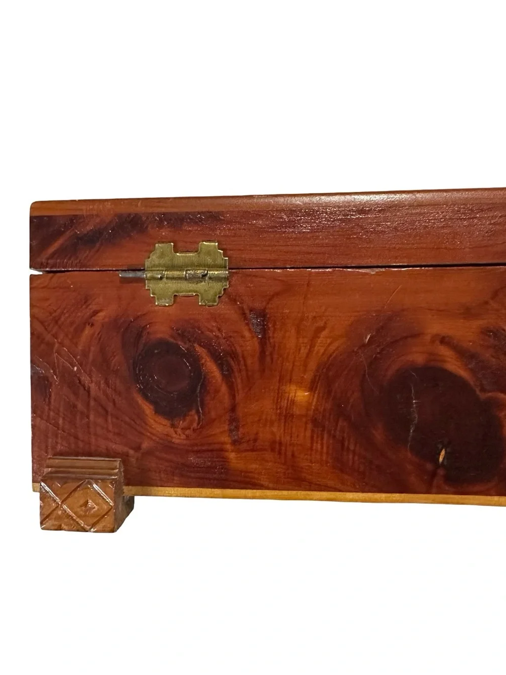Vtg Carved Wood Trinket Keepsake Box Diamond Cottage Lithograph Inset Flaw Folk